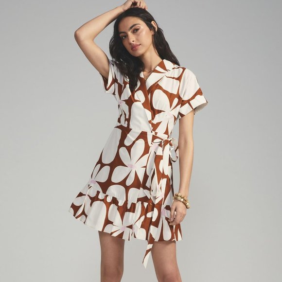 Hutch by Anthropologie Floral Wrap Mini Skirt Brown Motif Tie Wrap Dress NWT - Picture 6 of 6